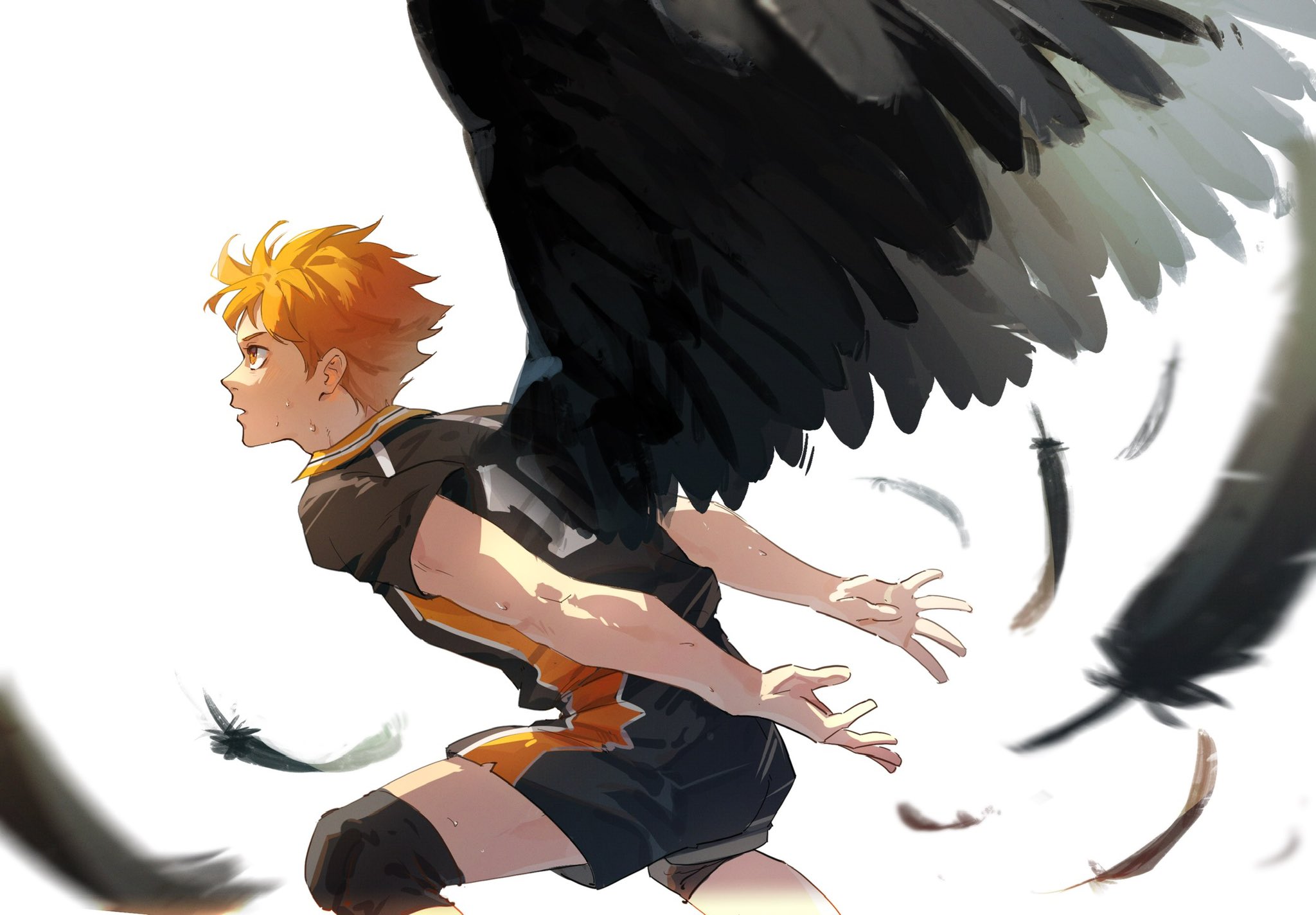 meofthoois, hinata shouyou, haikyuu!!, commentary, english commentary, highres, 1boy, black wings, from side, karasuno volleyball uniform, knee pads, male focus, orange eyes, orange hair, short hair, shorts, simple background, solo, sportswear, sweat, volleyball uniform, white background, wings
