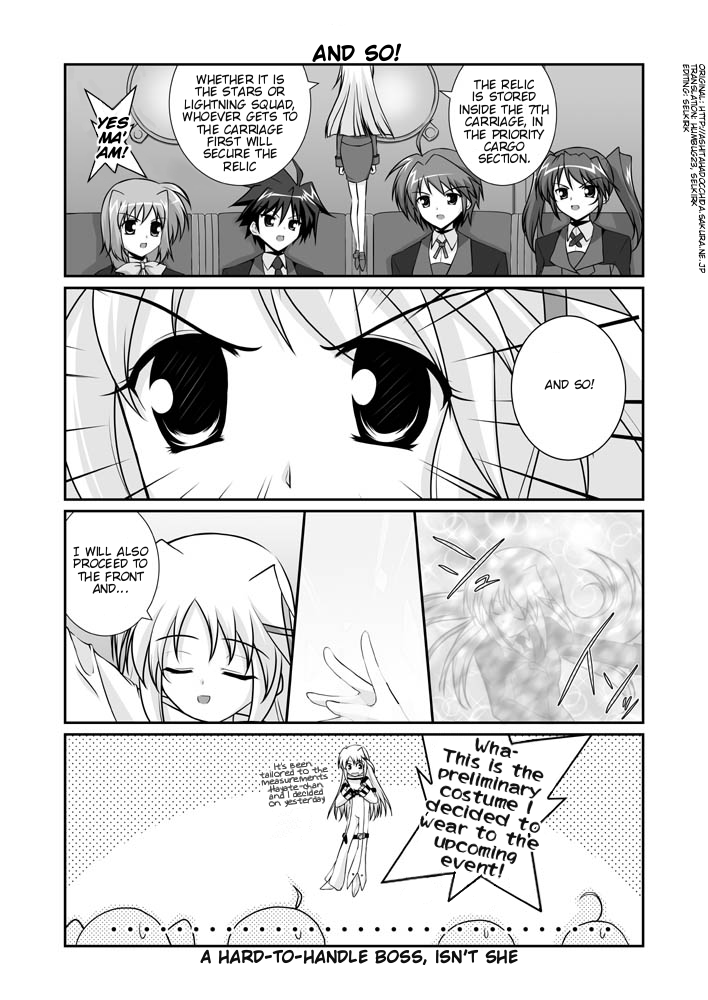 mikage takashi, c.c., caro ru lushe, erio mondial, reinforce zwei, subaru nakajima, teana lanster, code geass, lyrical nanoha, mahou shoujo lyrical nanoha, mahou shoujo lyrical nanoha strikers, hard-translated, third-party edit, translated, 1boy, 4girls, 4koma, ashita hadocchida!, bow, c.c. (cosplay), comic, cosplay, english text, greyscale, hair ornament, henshin, military, military uniform, mini person, minigirl, monochrome, multiple girls, sweatdrop, transformation, twintails, voice actor connection, x hair ornament