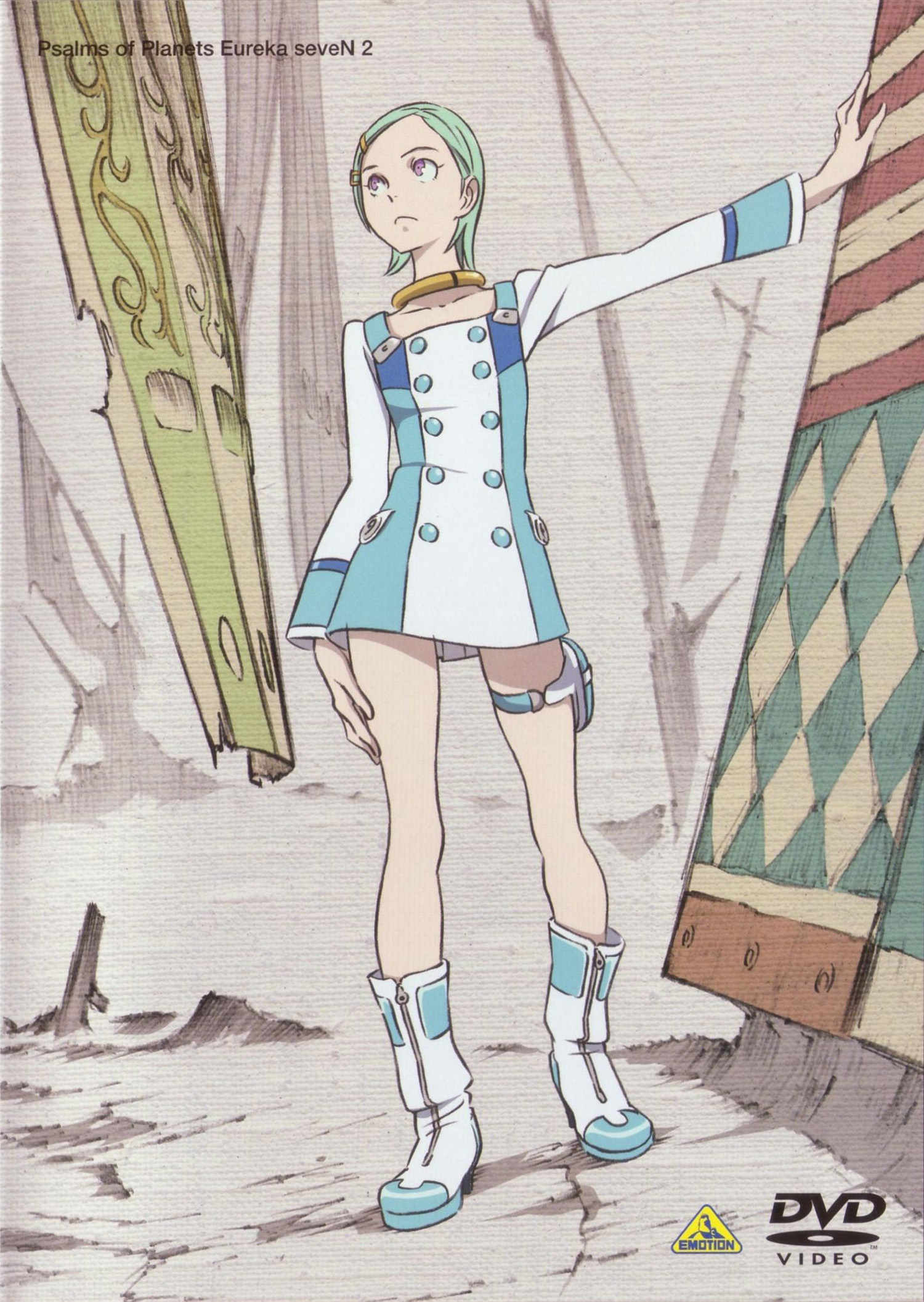 yoshida ken'ichi, eureka (eureka seven), eureka seven, eureka seven (series), highres, scan, 00s, 1girl, boots, cover, dvd cover, female focus, short hair, skirt, solo, thigh strap, white boots, zipper