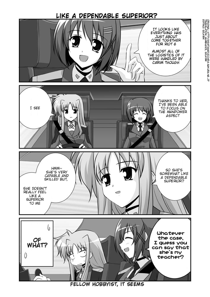 mikage takashi, fate testarossa, yagami hayate, lyrical nanoha, mahou shoujo lyrical nanoha, mahou shoujo lyrical nanoha strikers, hard-translated, third-party edit, translated, 00s, 2girls, 4koma, ashita hadocchida!, car, closed eyes, comic, english text, greyscale, hair ornament, military, military uniform, monochrome, motor vehicle, multiple girls, seatbelt, x hair ornament