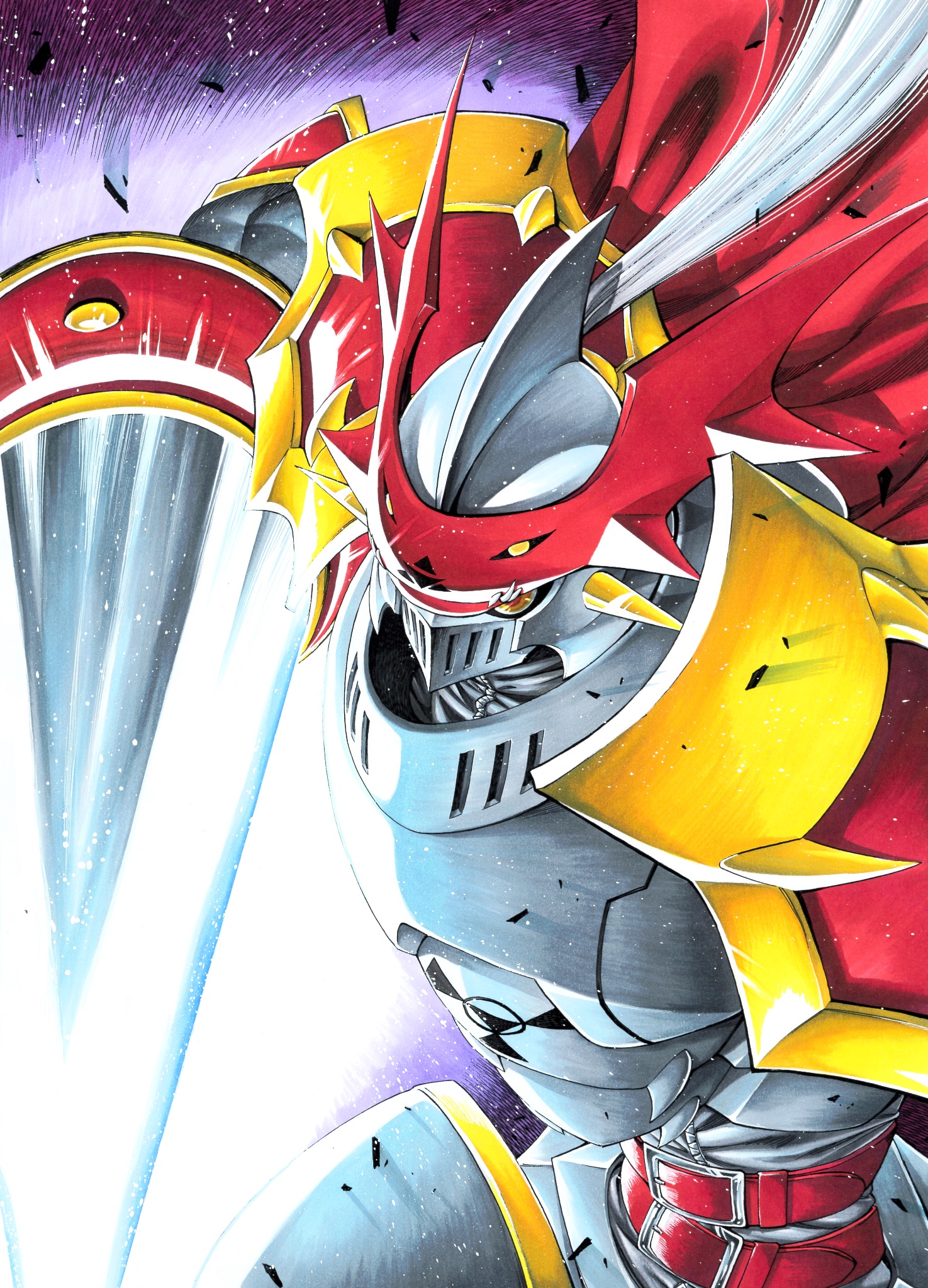 miura satoru, dukemon, digimon, highres, armor, cape, digimon (creature), helmet, holding, holding polearm, holding weapon, knight, lance, looking at viewer, polearm, red cape, solo, upper body, weapon, white armor, white helmet, yellow eyes