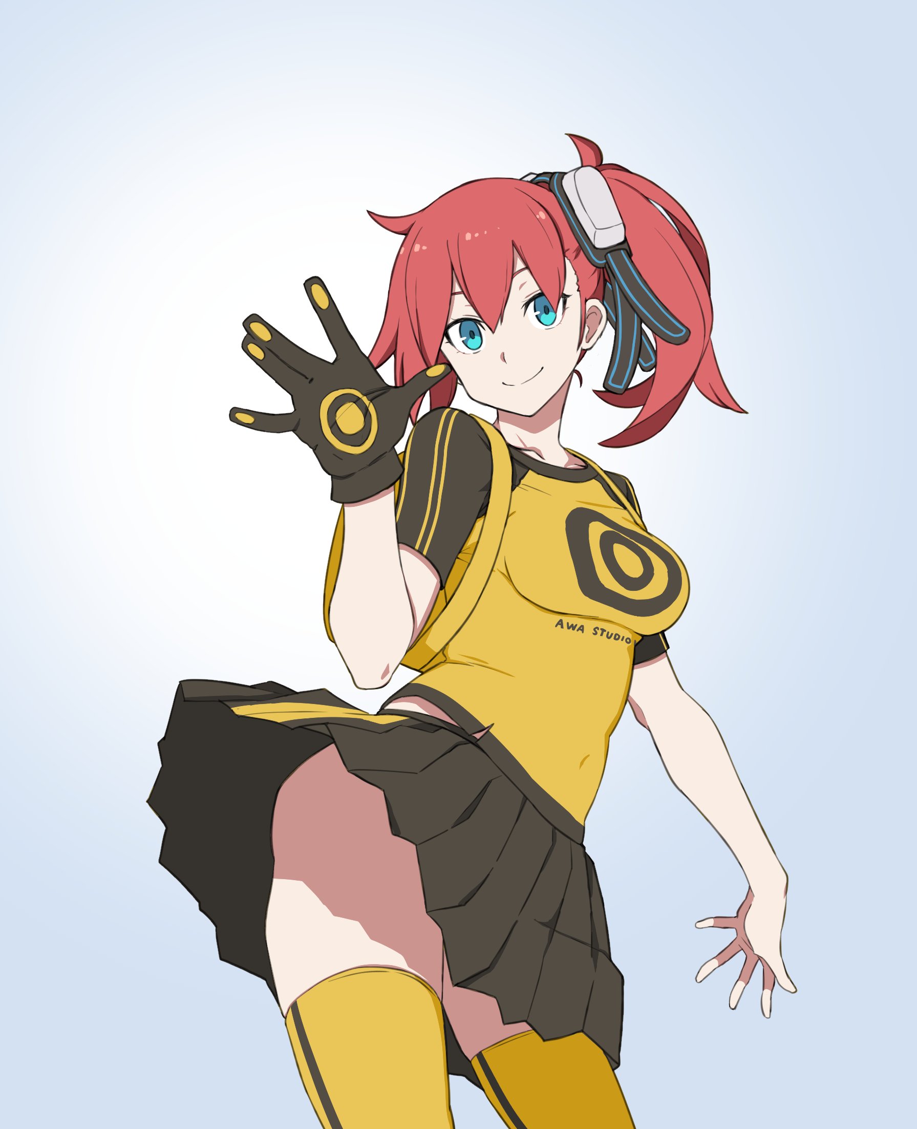 kp944113, aiba ami, digimon, digimon story: cyber sleuth, highres, 1girl, black gloves, black shirt, black skirt, blue eyes, gloves, long hair, miniskirt, pleated skirt, print shirt, red hair, shirt, side ponytail, simple background, single glove, skirt, smile, solo, thighhighs, two-tone shirt, white background, yellow shirt, yellow thighhighs