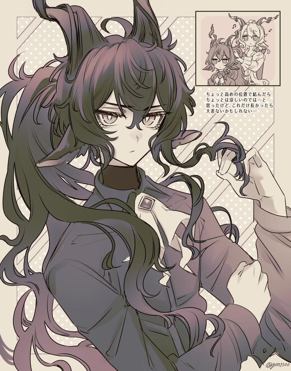 ysm1100, ebenholz (arknights), kreide (arknights), highres, 2boys, androgynous, animal ears, ascot, chibi, dress shirt, eyelashes, goat ears, greyscale, hair between eyes, high ponytail, horns, looking at viewer, male focus, monochrome, multiple boys, playing with another's hair, playing with own hair, ponytail, shirt, turtleneck