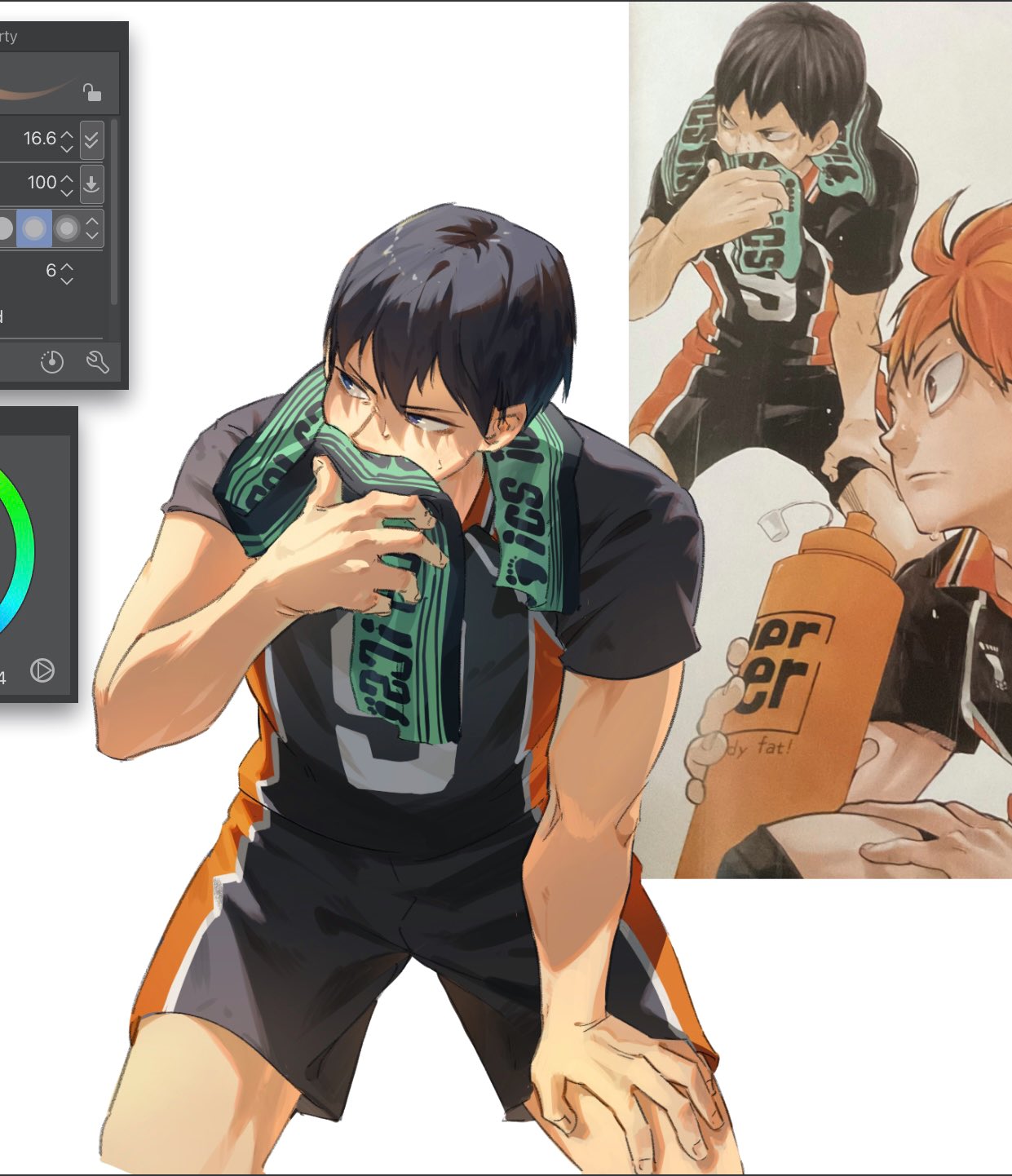 meofthoois, kageyama tobio, haikyuu!!, highres, 2boys, art program in frame, black hair, blue eyes, karasuno volleyball uniform, male focus, multiple boys, orange hair, reference inset, short hair, short sleeves, shorts, simple background, sportswear, sweat, volleyball, volleyball uniform, white background