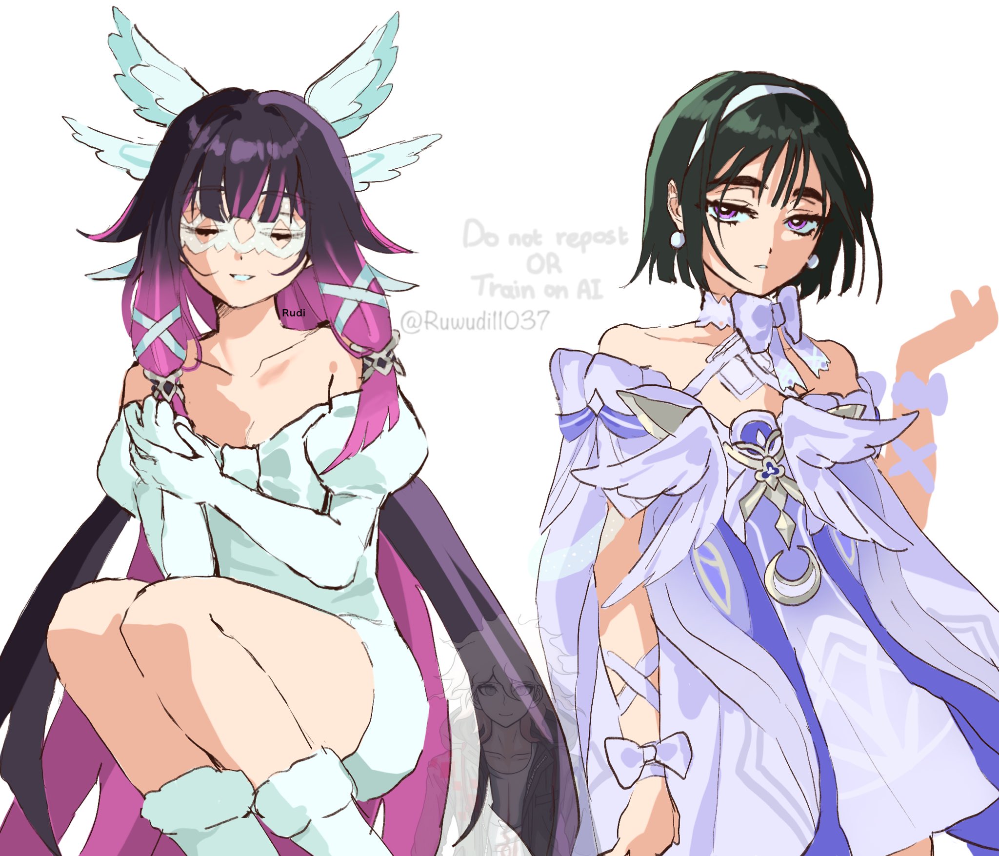 rudi (ruwudi11037), columbina (genshin impact), sua (alien stage), alien stage, genshin impact, commentary, english commentary, highres, 2girls, bare shoulders, black hair, bob cut, boots, bow, closed eyes, columbina (genshin impact) (cosplay), cosplay, costume switch, crossover, dress, earrings, eye mask, hair ornament, hair ribbon, hairband, head wings, jewelry, long hair, multicolored hair, multiple girls, off-shoulder dress, off shoulder, parted lips, purple eyes, purple hair, ribbon, short hair, sua (alien stage) (cosplay), tress ribbon, twitter username, two-tone hair, very long hair, watermark, white boots, white bow, white dress, white hairband, white mask, white wings, wings, wrist bow, x hair ornament