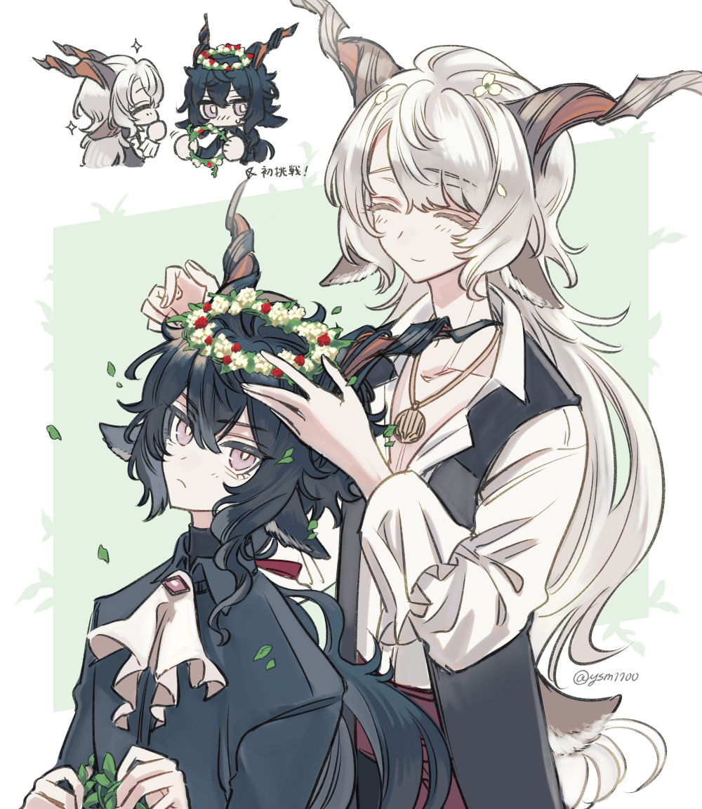 ysm1100, ebenholz (arknights), kreide (arknights), arknights, 2boys, androgynous, animal ears, ascot, black shirt, chibi, closed eyes, flower, frilled sleeves, frills, goat ears, hair between eyes, hair flower, hair ornament, head wreath, horns, jewelry, light blush, looking at another, low ponytail, male focus, multiple boys, necklace, pectoral cleavage, pectorals, ponytail, purple eyes, red ribbon, ribbon, shirt