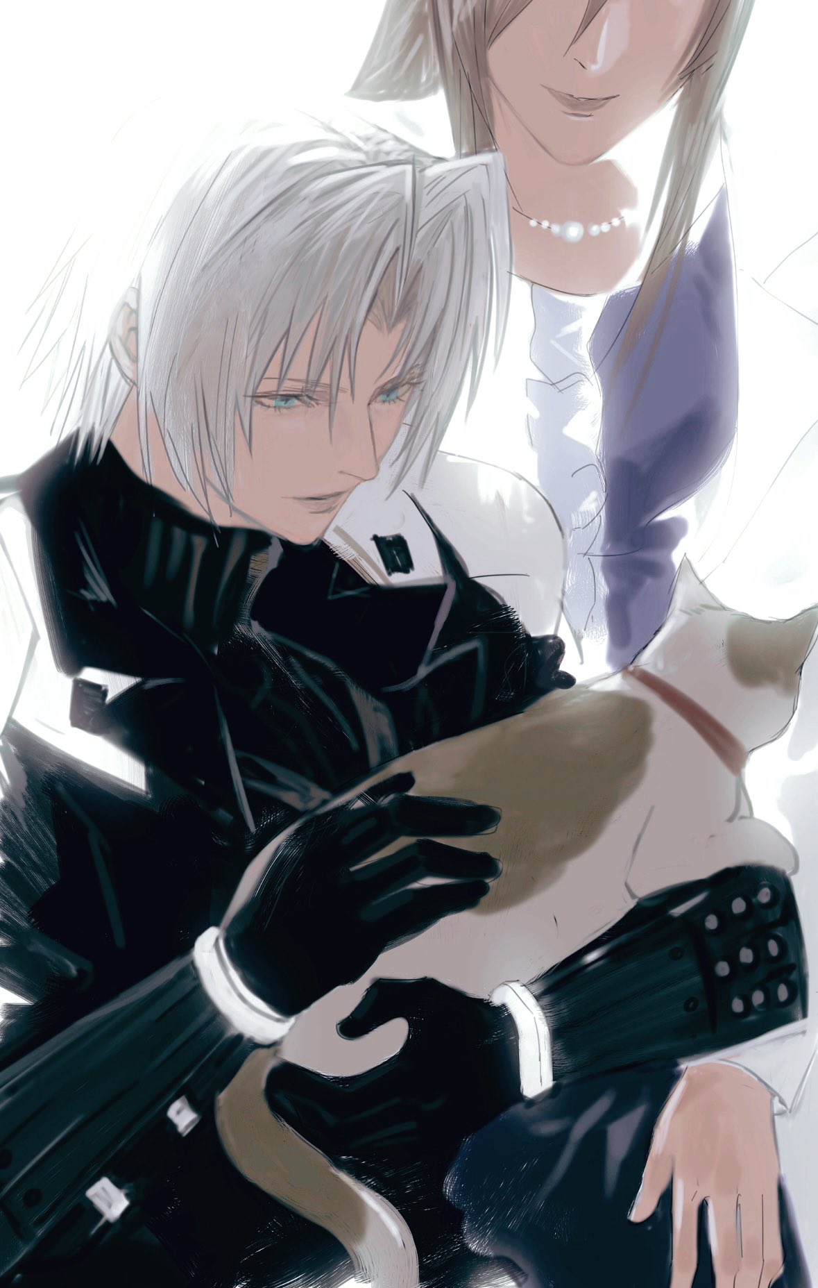 hayashishisou, lucrecia crescent, sephiroth, sephiroth (ever crisis), final fantasy, final fantasy vii, final fantasy vii ever crisis, commentary, highres, symbol-only commentary, 1boy, 1girl, aged down, animal, armor, black coat, black gloves, brown hair, cat, coat, gloves, green eyes, grey hair, holding, holding animal, jewelry, lab coat, long hair, mother and son, necklace, parted bangs, short hair, shoulder armor, sweater, turtleneck, turtleneck sweater, upper body, white background, white coat