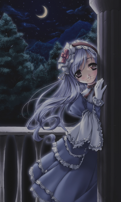 miyase mahiro, aria (sister princess), sister princess, open in internet explorer, third-party edit, 00s, 1girl, creepy, dress, female focus, frills, gloves, hair ornament, horror (theme), moon, night, optical illusion, peeking out, solo