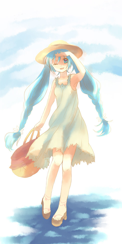 yamada ako, hatsune miku, vocaloid, 1girl, bad anatomy, bad feet, blue eyes, blue hair, casual, dress, feet, female focus, hat, long hair, matching hair/eyes, one eye closed, poorly drawn, solo, sundress, twintails, wink
