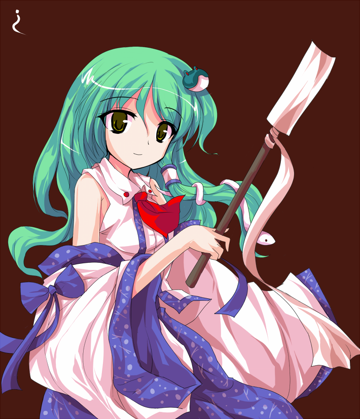 ideolo, kochiya sanae, touhou, 1girl, alphes (style), braid, detached sleeves, female focus, green eyes, green hair, japanese clothes, matching hair/eyes, miko, parody, solo, style parody