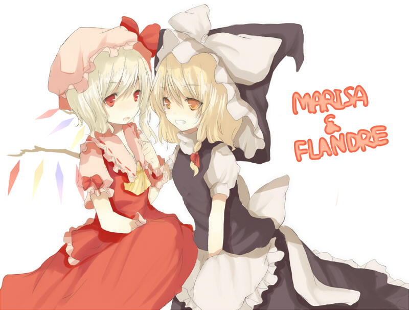 tetsuo (tashirosu), flandre scarlet, kirisame marisa, touhou, 2girls, apron, ascot, blonde hair, braid, character name, crystal, dress, female focus, hat, mob cap, multiple girls, puffy short sleeves, puffy sleeves, red dress, red eyes, short sleeves, simple background, single braid, waist apron, white background, wings, witch hat