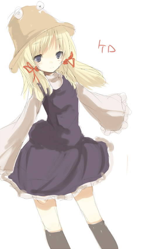 tetsuo (tashirosu), moriya suwako, touhou, 1girl, black socks, blonde hair, blue eyes, dress, extra eyes, female focus, hair ribbon, hat, kneehighs, long sleeves, looking at viewer, purple dress, ribbon, sidelocks, simple background, socks, solo, standing, sweater