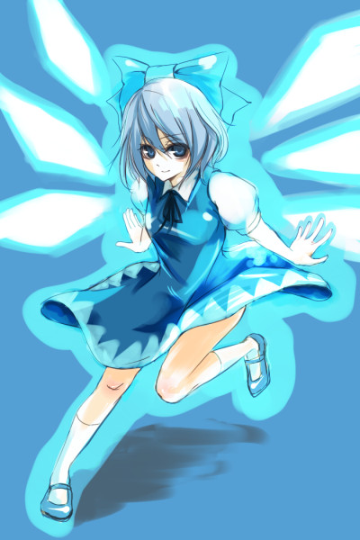miya9, cirno, embodiment of scarlet devil, touhou, 1girl, blue dress, blue eyes, blue hair, collar, dress, female focus, full body, ice, ice wings, leg up, looking at viewer, matching hair/eyes, puffy short sleeves, puffy sleeves, short sleeves, solo, standing, standing on one leg, wings