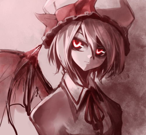 miya9, remilia scarlet, touhou, lowres, 1girl, female focus, glowing, glowing eyes, monochrome, pink eyes, pink theme, red eyes, solo