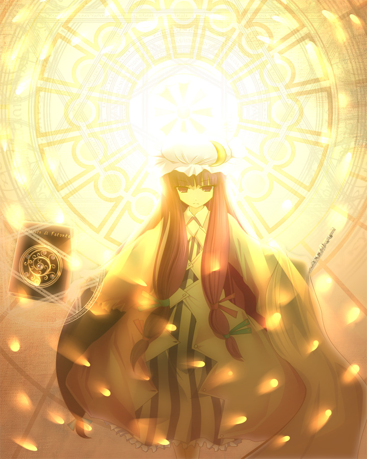 aojiru (shiro to kuro no mukyou), aoziru, patchouli knowledge, touhou, 1girl, blunt bangs, book, danmaku, dust, expressionless, female focus, floating, floating object, grimoire, hat, jitome, long hair, long sleeves, looking at viewer, magic, mob cap, purple hair, solo, very long hair
