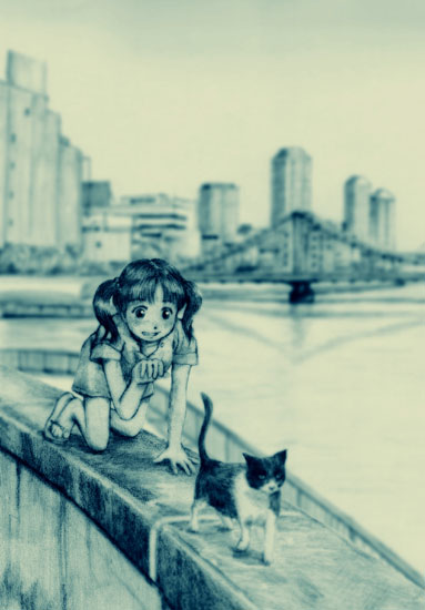 murasaki-no, 1girl, bridge, cat, city, female focus, green theme, kneeling, monochrome, solo, twintails