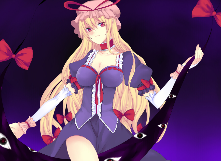 harano, yakumo yukari, touhou, 1girl, blonde hair, breasts, cleavage, dress, female focus, gap (touhou), gradient background, large breasts, long hair, red eyes, skirt, solo, very long hair