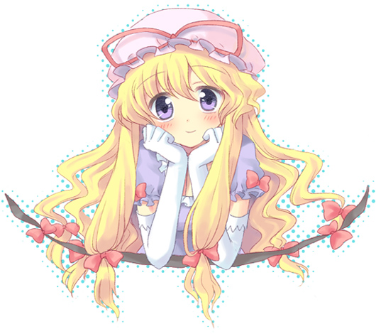 kuguri oimo, yakumo yukari, touhou, 1girl, blonde hair, blush, female focus, gap (touhou), hair ribbon, hat, purple eyes, ribbon, solo, upper body, white background