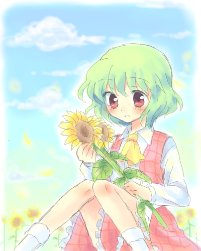 kuguri oimo, kazami yuuka, touhou, lowres, 1girl, ascot, blush, cloud, day, female focus, flower, green hair, plaid clothes, plaid skirt, plaid vest, red eyes, short hair, sitting, skirt, skirt set, sky, smile, solo, sunflower, vest