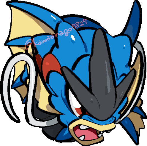 kawaanago, gyarados, mega gyarados, nintendo, pokemon, commentary request, lowres, chibi, chibi only, fangs, full body, gen 1 pokemon, mega pokemon, no humans, nostrils, open mouth, pokemon (creature), pokemon focus, red eyes, solo, transparent background, twitter username