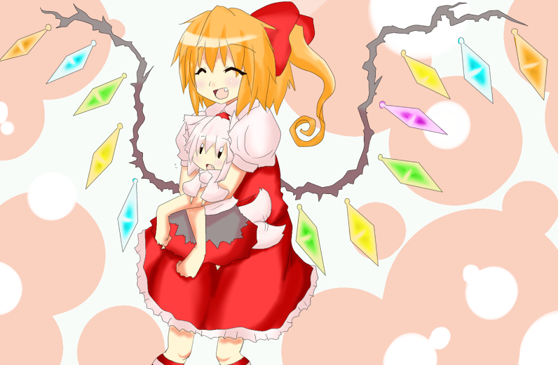 suna (sunaipu), sunaipu, flandre scarlet, inubashiri momiji, touhou, 2girls, ^ ^, chibi, closed eyes, fang, female focus, hug, multiple girls, wings