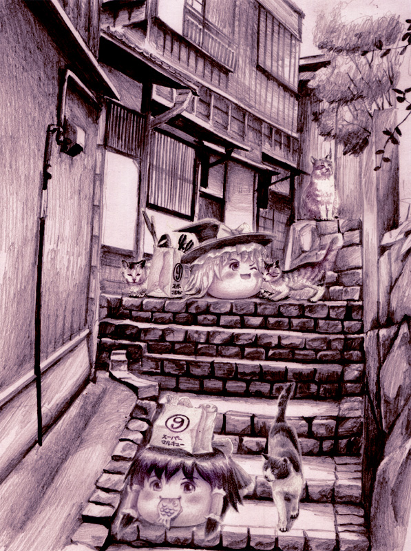 murasaki-no, hakurei reimu, kirisame marisa, touhou, bag on head, cat, circled 9, female focus, food, groceries, hair tubes, monochrome, no humans, purple theme, surreal, taiyaki, town, wagashi, yukkuri shiteitte ne