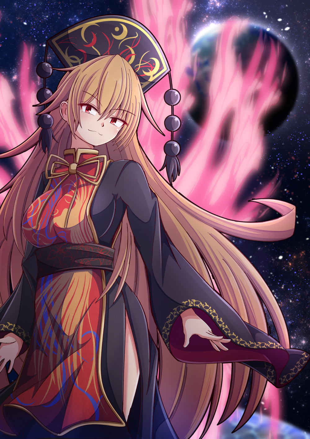 aospanking, junko (touhou), touhou, highres, 1girl, black dress, black hat, breasts, chinese clothes, cowboy shot, crescent moon, dalachi (headdress), dress, galaxy, galaxy background, hat, looking at viewer, medium breasts, moon, orange hair, orb, planet, red eyes, red tabard, solo, space, tabard