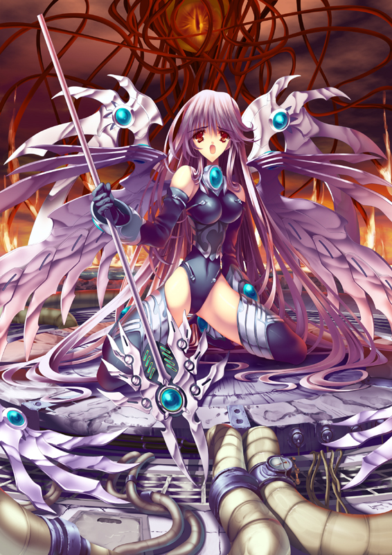 okonogi noi, original, bare shoulders, elbow gloves, eyeball, gloves, kneeling, long hair, polearm, purple hair, red eyes, solo, spear, thighhighs, weapon, wings