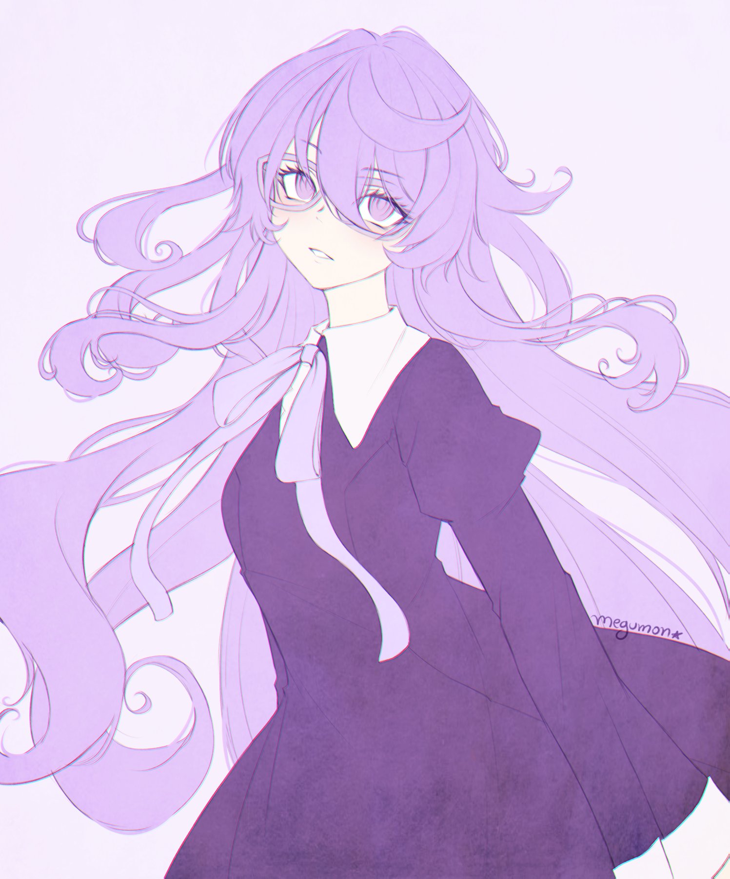 megumon109, mikagura mirei, digimon, digimon story: time stranger, highres, 1girl, cowboy shot, dress, long hair, purple eyes, purple hair, ringed eyes, simple background, solo, white background