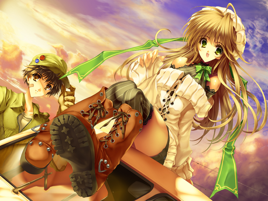okonogi noi, original, bare shoulders, blonde hair, boots, car, green eyes, hair ribbon, long hair, motor vehicle, ribbon, sitting, thighhighs