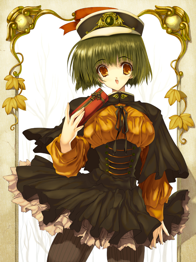 okonogi noi, original, uniform, 1girl, blonde hair, brown eyes, female focus, gift, hat, holding, holding gift, pantyhose, pinstripe pattern, short hair, solo