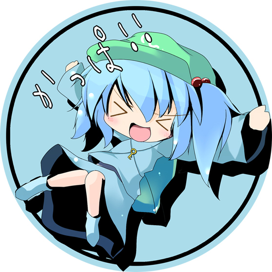 jum (artist), jum (parallel parasol), kawashiro nitori, touhou, > <, 1girl, chibi, closed eyes, female focus, solo, two side up