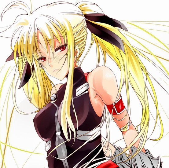 boshinote, fate testarossa, fate testarossa (true sonic form), lyrical nanoha, mahou shoujo lyrical nanoha, mahou shoujo lyrical nanoha strikers, 00s, blonde hair, blush, gauntlets, long hair, red eyes, solo, twintails