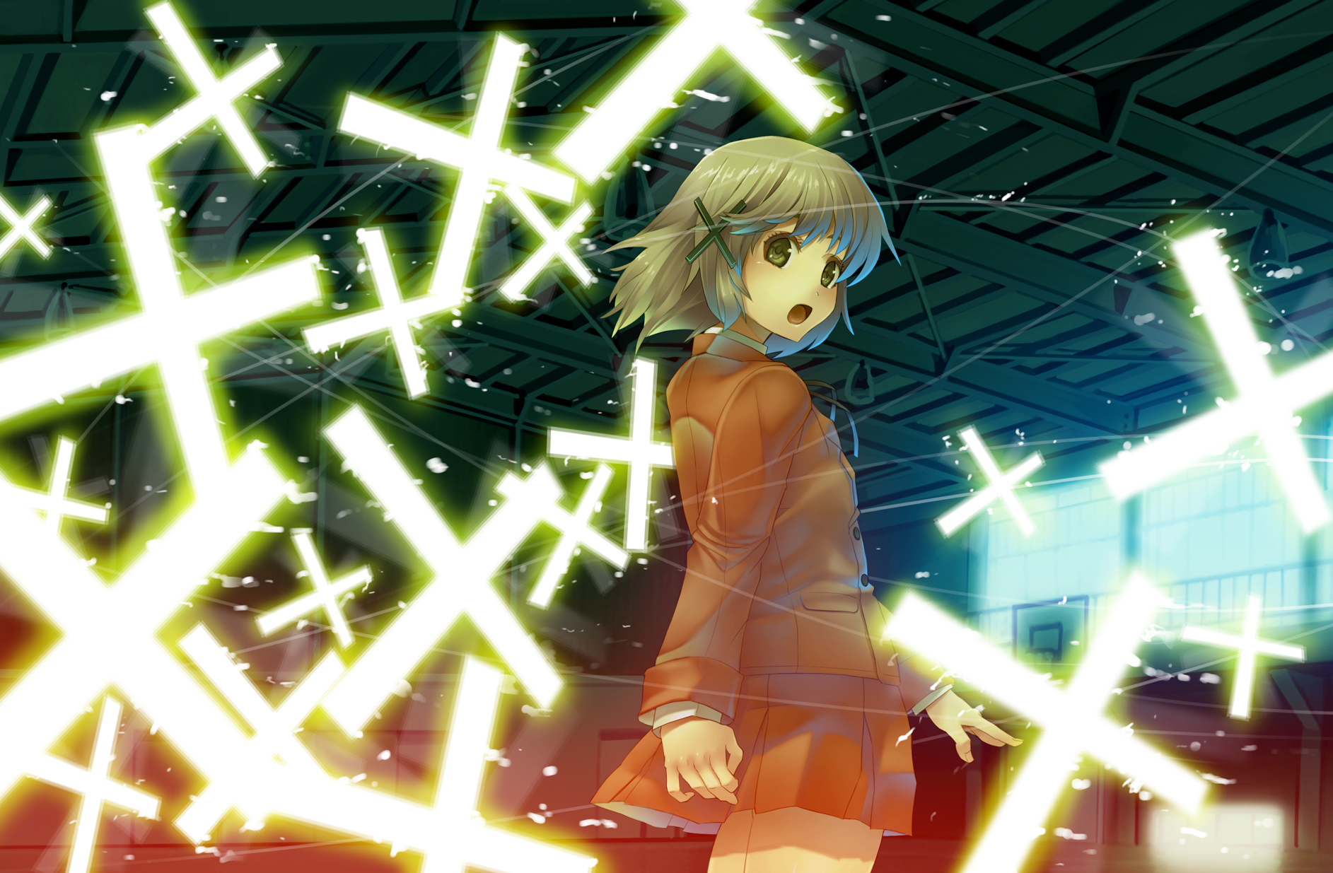 goe, yuno (hidamari sketch), hidamari sketch, bad id, bad pixiv id, highres, 00s, 1girl, female focus, glowing, open mouth, school uniform, solo, yamabuki high school uniform