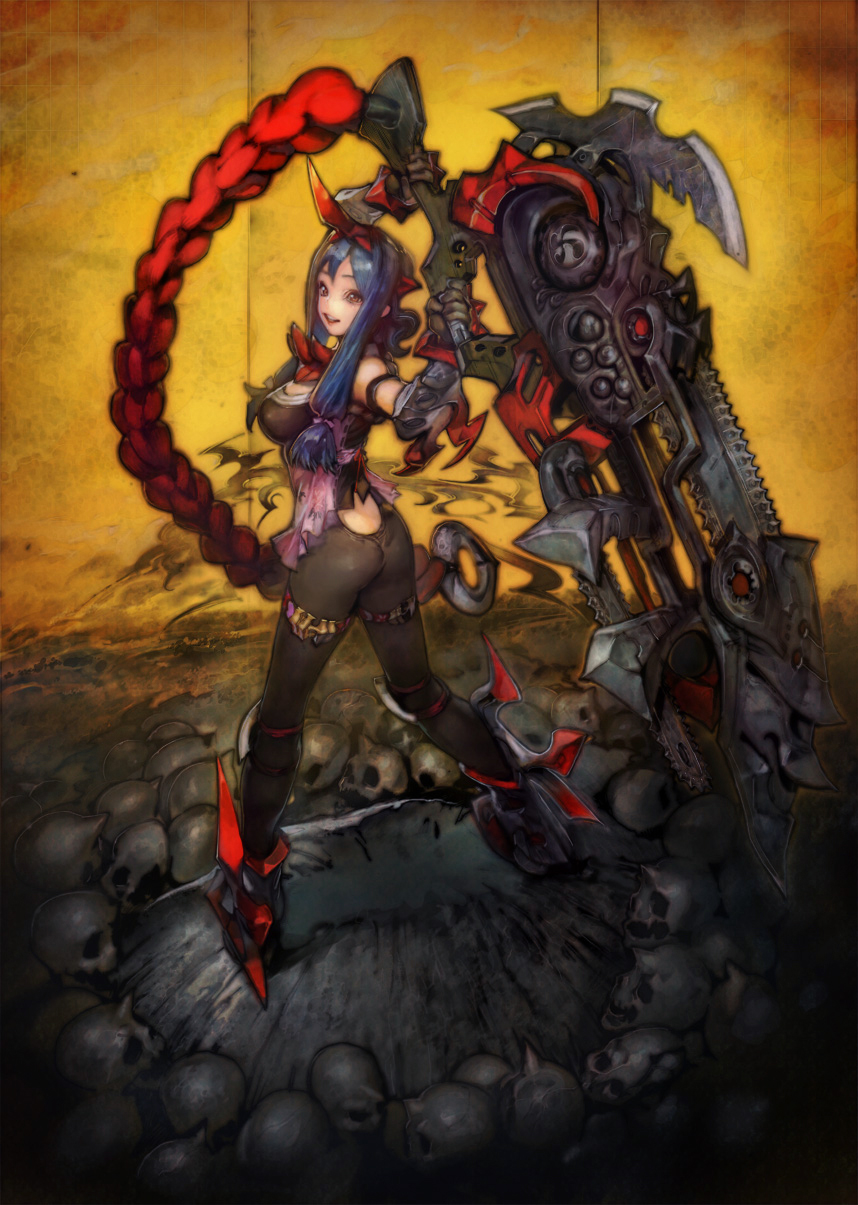 taiki (luster), original, bad id, bad pixiv id, highres, 1girl, ass, big gun, blue hair, breasts, female focus, gloves, gun, horns, huge weapon, large breasts, red eyes, single horn, skull, solo, weapon