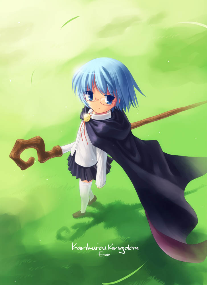 kankurou, tabitha (zero no tsukaima), zero no tsukaima, bad id, bad pixiv id, 00s, 1girl, cape, female focus, glasses, green background, pentacle, school uniform, serafuku, solo, staff, thighhighs, white thighhighs, zettai ryouiki