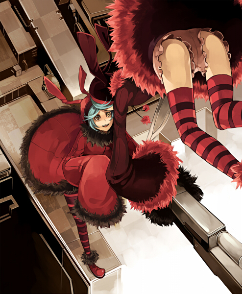 riku (artist), riku (wana), luki, noki, dogs: bullets & carnage, striped legwear, bad id, bad pixiv id, ass, bloomers, blue hair, heterochromia, long sleeves, mecha, midair, robot, short hair, striped clothes, striped thighhighs, thighhighs, underwear, yellow eyes