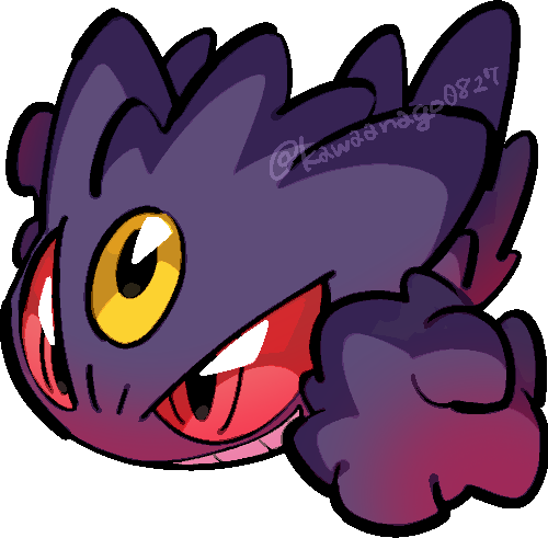 kawaanago, gengar, mega gengar, nintendo, pokemon, commentary request, lowres, chibi, chibi only, full body, gen 1 pokemon, grin, mega pokemon, no humans, pokemon (creature), pokemon focus, smile, solo, teeth, third eye, transparent background, twitter username, v-shaped eyes