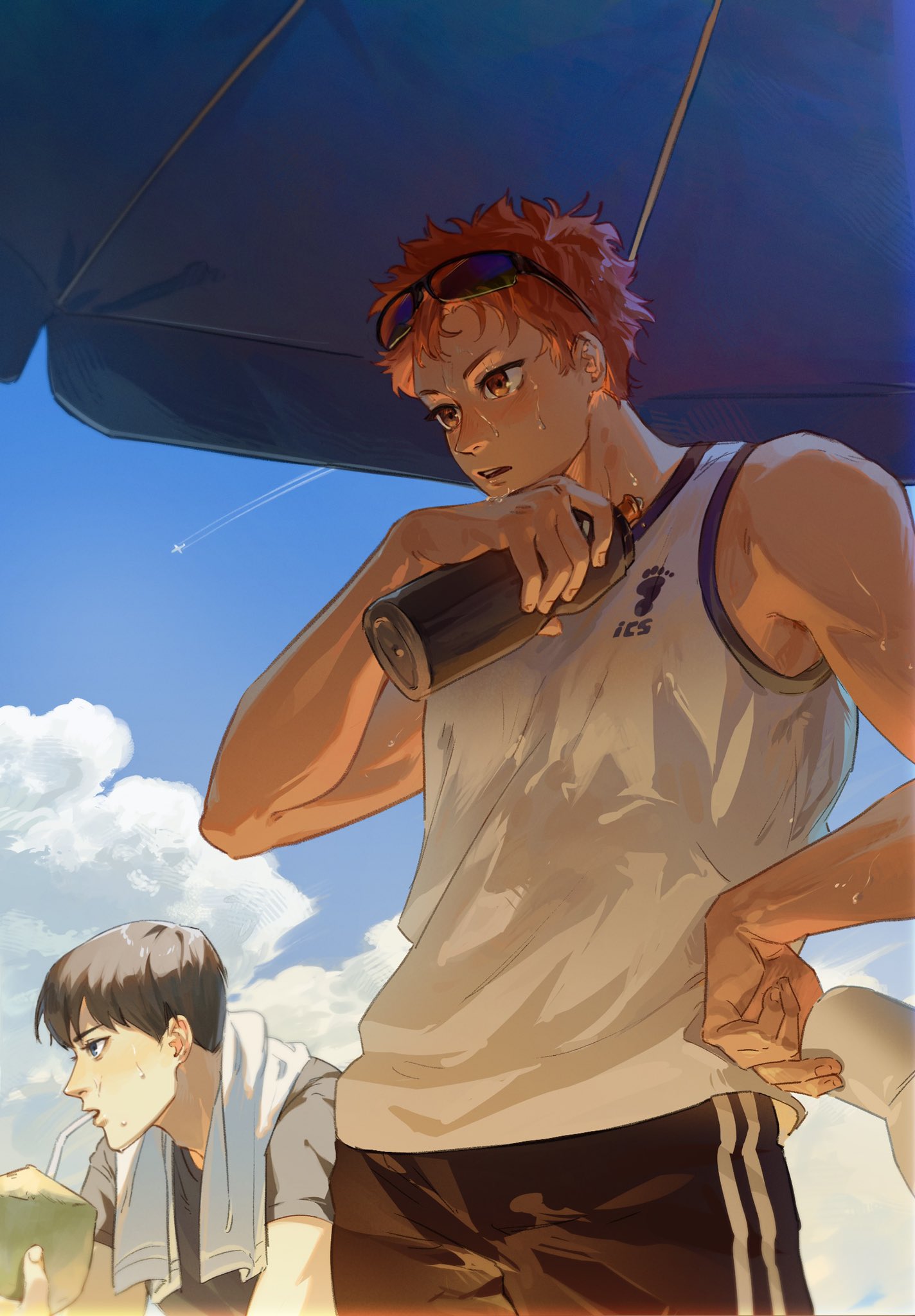 meofthoois, hinata shouyou, kageyama tobio, haikyuu!!, hashtag-only commentary, highres, 2boys, baseball cap, beach umbrella, black hair, black pants, black shirt, blue eyes, blue sky, bottle, cloud, coconut, day, drinking straw, eyewear on head, fruit cup, hat, holding, holding bottle, holding unworn clothes, holding unworn hat, male focus, multiple boys, orange eyes, orange hair, pants, shirt, short hair, short sleeves, sky, sweat, tank top, towel, towel around neck, umbrella, unworn hat, unworn headwear, white tank top
