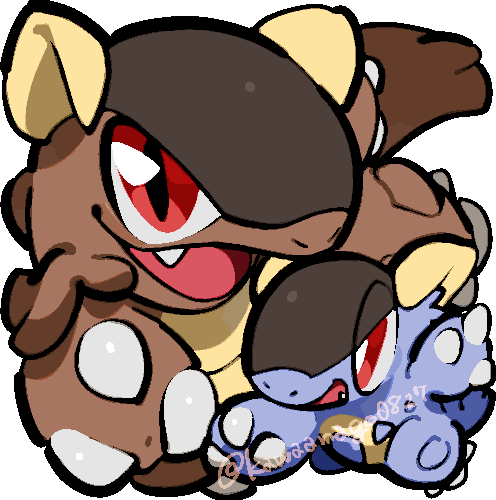 kawaanago, kangaskhan, mega kangaskhan, nintendo, pokemon, commentary request, lowres, bright pupils, chibi, chibi only, fangs, full body, gen 1 pokemon, mega pokemon, mother and child, nostrils, open mouth, pokemon (creature), pokemon focus, red eyes, smile, transparent background, twitter username, white pupils