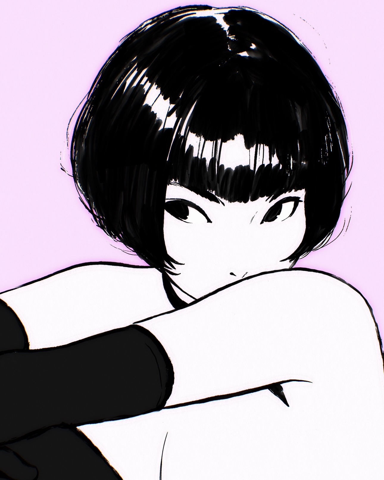 ilya kuvshinov, original, highres, 1girl, black choker, black eyes, black gloves, black hair, black thighhighs, bob cut, choker, elbow gloves, gloves, greyscale, monochrome, short hair, thighhighs
