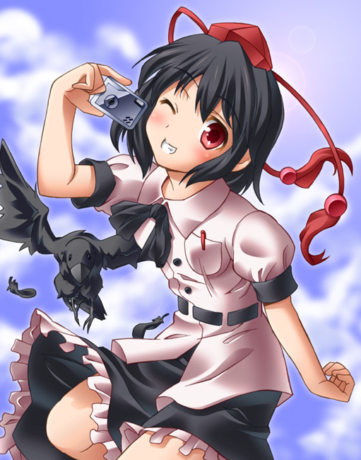 ibuki mana, shameimaru aya, touhou, bad id, bad pixiv id, 1girl, bird, black hair, blush, camera, crow, female focus, hat, looking at viewer, open mouth, ribbon, short hair, skirt, smile, solo