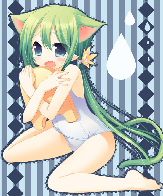 sazaki ichiri, original, 1girl, animal ears, barefoot, blue eyes, cat ears, cat tail, extra ears, fang, female focus, flower, green hair, hair flower, hair ornament, kickboard, long hair, one-piece swimsuit, pointy ears, school swimsuit, sitting, solo, sweatdrop, swimsuit, tail, tears, white one-piece swimsuit, white school swimsuit