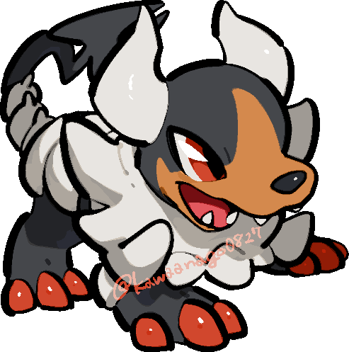 kawaanago, houndoom, mega houndoom, nintendo, pokemon, commentary request, lowres, animal focus, chibi, chibi only, fangs, full body, gen 2 pokemon, horns, mega pokemon, no humans, open mouth, pokemon (creature), pokemon focus, red eyes, solo, transparent background, twitter username