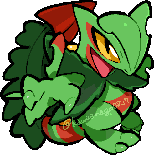 kawaanago, mega sceptile, sceptile, nintendo, pokemon, commentary request, lowres, chibi, chibi only, claws, full body, gen 3 pokemon, mega pokemon, no humans, open mouth, pokemon (creature), pokemon focus, solo, transparent background, twitter username