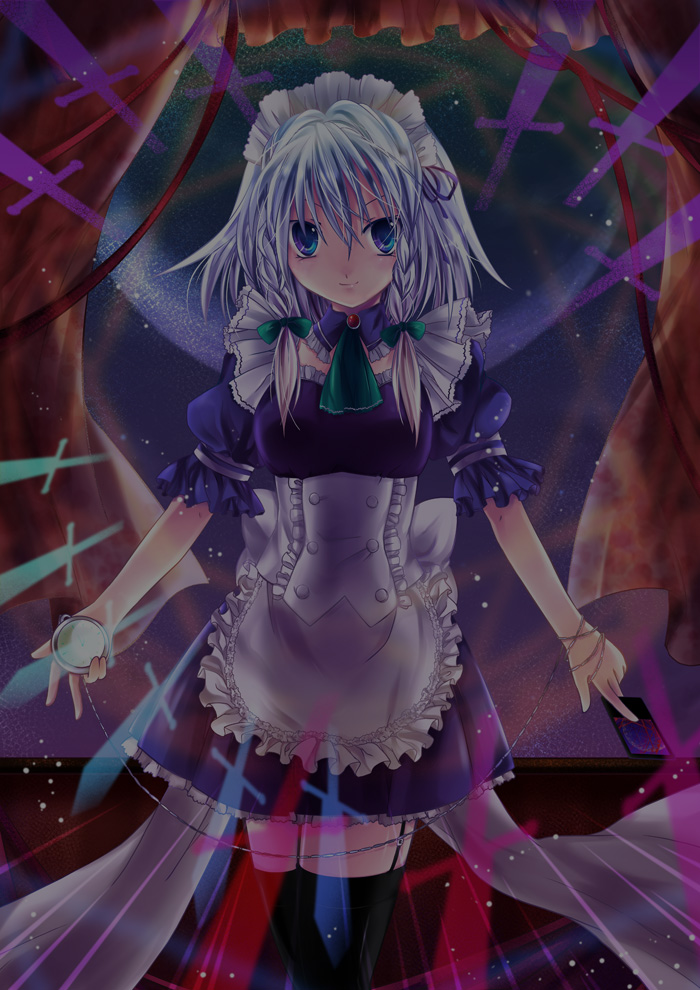 anna (small night), hane (x20285), izayoi sakuya, touhou, silver hair, 1girl, braid, clock, female focus, knife, maid, ribbon, short hair, skirt, solo, throwing knife, twin braids, twintails, weapon