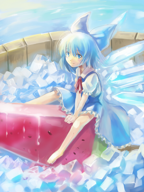 edobox, cirno, embodiment of scarlet devil, touhou, 1girl, barefoot, blue hair, fairy, female focus, food, fruit, ice, in food, mini person, minigirl, ribbon, short hair, solo, watermelon, wings