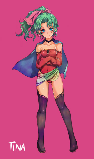 kara (color), tina branford, final fantasy, final fantasy vi, lace-trimmed legwear, 1990s (style), 1girl, adapted costume, bare shoulders, black thighhighs, blue eyes, blush, bow, breasts, cape, character name, choker, collarbone, covered navel, crossed arms, earrings, female focus, full body, gloves, green hair, hair ribbon, high heels, high ponytail, jewelry, lace, lace trim, leotard, light smile, long hair, looking at viewer, pink bow, pink ribbon, ponytail, red gloves, red leotard, retro artstyle, ribbon, sarong, short ponytail, simple background, small breasts, smile, solo, standing, strapless, strapless leotard, thighhighs, wavy hair