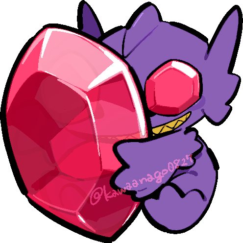 kawaanago, mega sableye, sableye, nintendo, pokemon, commentary request, lowres, chibi, chibi only, colored teeth, full body, gem, gen 3 pokemon, grin, holding, holding gem, mega pokemon, pokemon (creature), pokemon focus, red gemstone, sharp teeth, smile, solo, teeth, transparent background, twitter username, yellow teeth