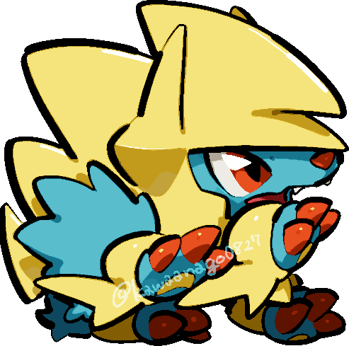 kawaanago, manectric, mega manectric, nintendo, pokemon, commentary request, lowres, animal focus, chibi, chibi only, claws, fangs, full body, gen 3 pokemon, mega pokemon, no humans, open mouth, pokemon (creature), pokemon focus, red eyes, solo, transparent background, twitter username